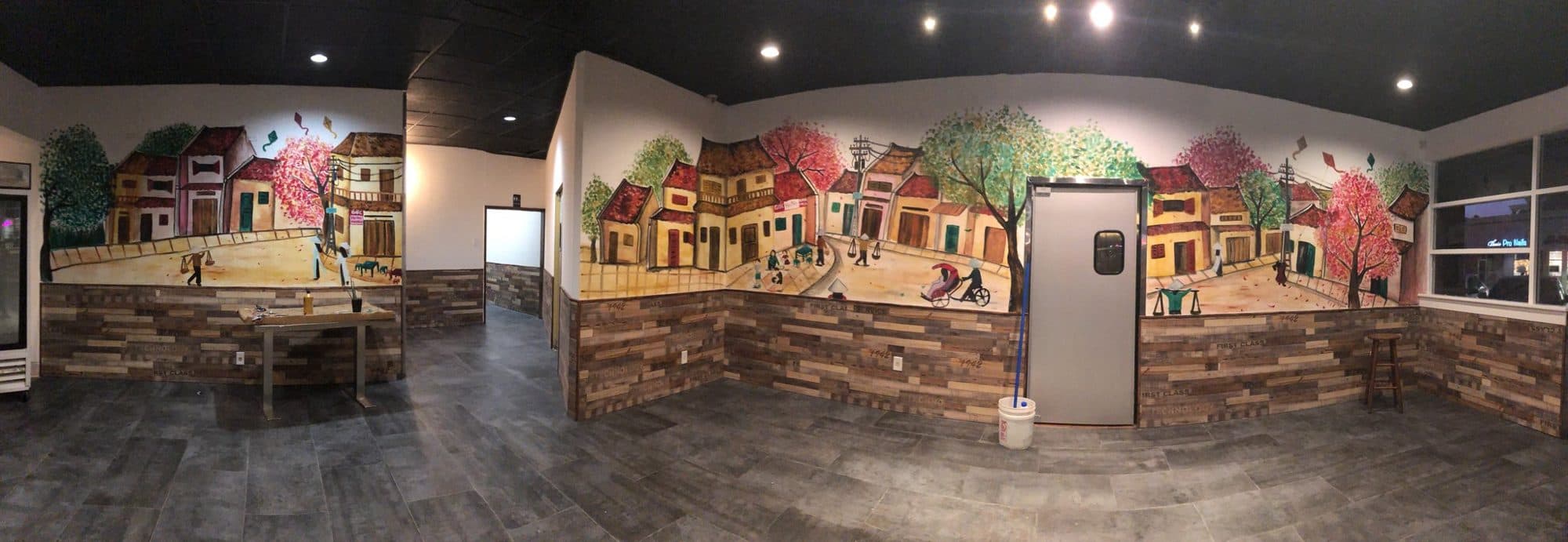 Panorama of the full old town mural around Hà Nội Corner