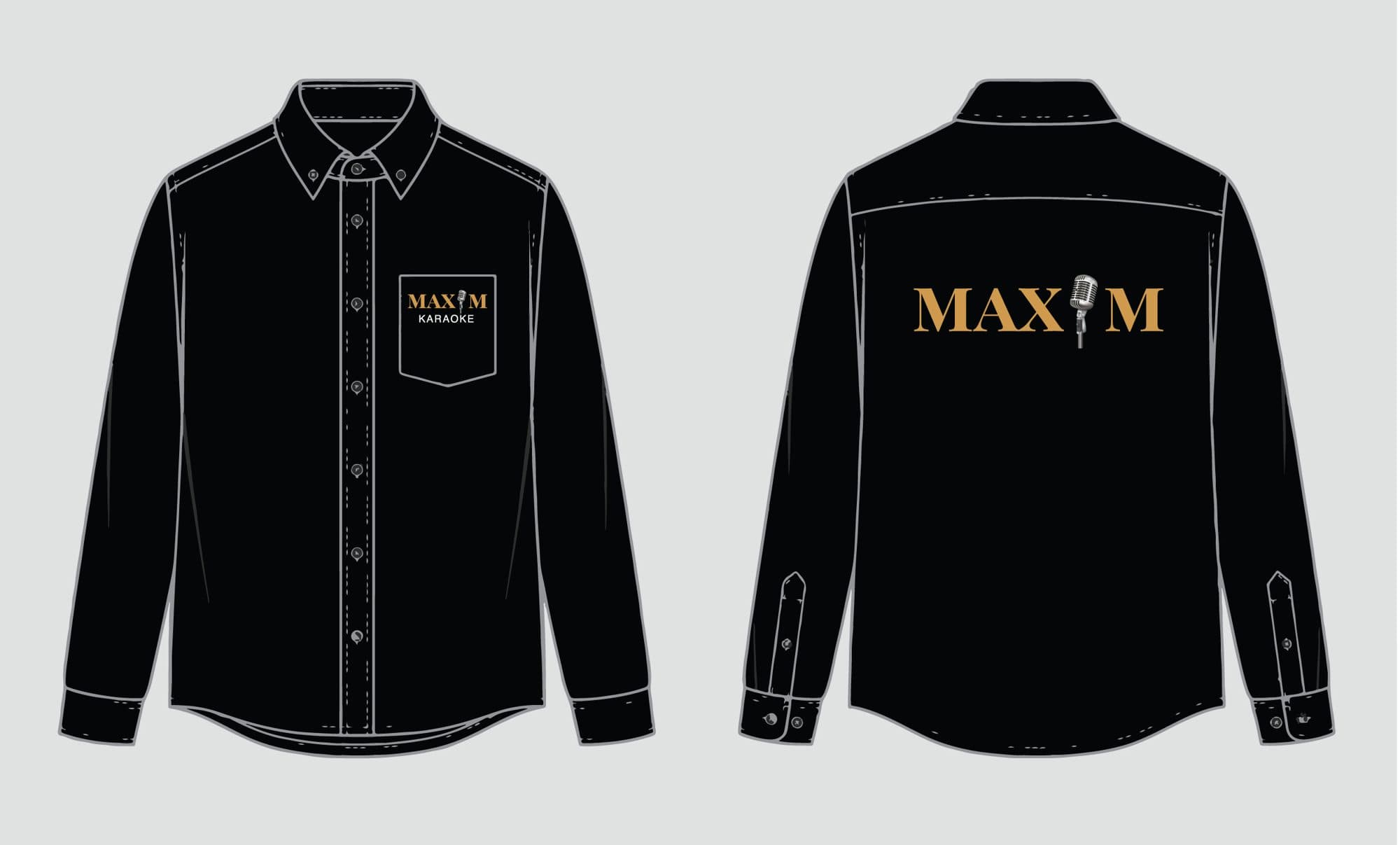 Front and back of black MAXIM Karaoke staff shirt designs